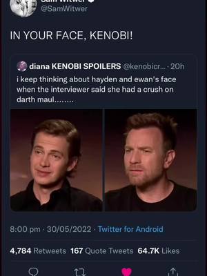 A post by @starwarsfamdom on TikTok caption: #haydenchristensen #ewanmcgregor #fyp #ShowUrGrillSkillz #starwars #obiwan #vader #viral #foryoupage #fypシ゚viral #anakin #obiwan #vader #meme #obiwankenobi #darthmaul