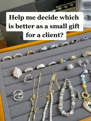 A post by @lesoleil_jewelry on TikTok caption: Help me decide which is better as a small gift for a client? #SmallBusiness #jewelrybusiness #jewelry #clientstories #lesoleiljewelry