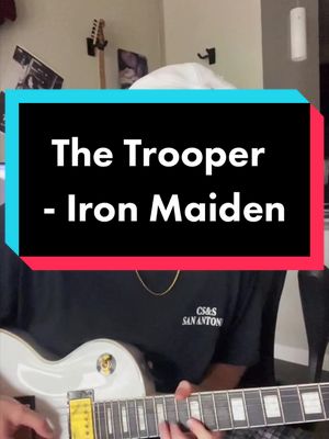 A post by @notgarrisonatall on TikTok caption: The Trooper - Iron Maiden👍 #fyp #foryoupage #foryou #guitar #guitartok #AEJeansSoundOn #WorldPrincessWeek #cover #ironmaiden #thetrooper #guitarsolo