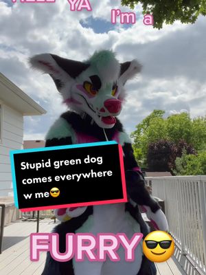 A post by @mojoyote on TikTok caption: Hell ya this stupid green dog comes with me everywhere 😎 Also pls duet this or use this audio and make your own😩 I wanna see all the places people take their stupid animal heads BDBDB #furry #fyp #fursuit #fursuiter #furries #furryfandom #furrytiktok 