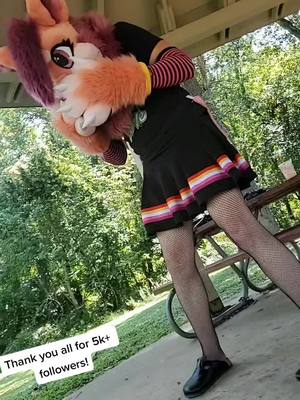 A post by @thelavenderhyena on TikTok caption: 🖤 Peach Panic! wants to thank you all for 5k+ followers 🖤 #thankyou #5k #emo #peach #bat #dance #furry #fursuit #PeachPanic!