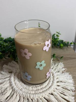 A post by @katiesdecosweets on TikTok caption: Another coffee, another day ✨ this glass cup is now avaikable on my faire and etsy! #icedcoffee #icecoffeelover #shadowbanned #libbeyglassware #fairewholesale #pastelaesthetic