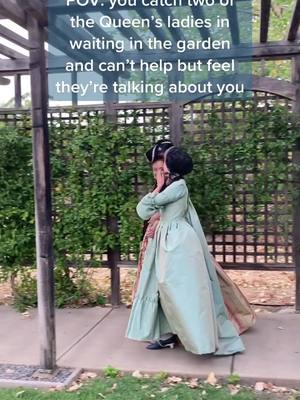 A post by @seamslikeemily on TikTok caption: In actuality, they’re making that’s what she said jokes 😂 @Sew La Tea Doe (psst @👑Astraea👑 can we join your court? 👀) #historicalcostume #18thcentury #18thcenturydress #ladyinwaiting #royalty #rococo #georgian #outlander #ourflagmeansdeath #robealafrancaise #18thcenturycostuming 