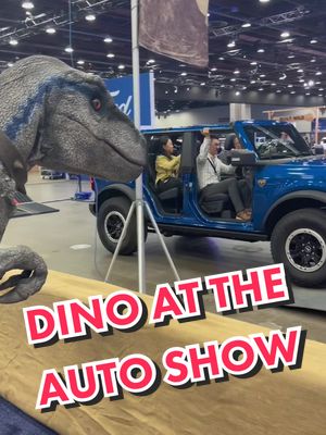 A post by @drewdemoff on TikTok caption: Blue really liked the blue bronco 😂 #detroitautoshow2022 #raptor #dinosaurs #chrispratt #blueraptor #fypage