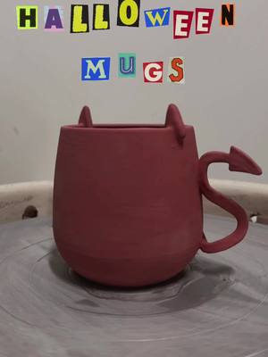 A post by @pinetreepottery on TikTok caption: i made some (you guessed it) spooky mugs #fyp #foryou #pottery #ceramics #handmade #artist #art #clay #painting #wheel #throwing #wheelthrowing #potterywheel #satisfying #potteryasmr #asmr #boiseidaho #SmallBusiness #halloween #bats #ghosts #ghouls #pumpkin #devil 