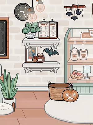 A post by @tocatr0pic on TikTok caption: -☆- ꒰꒰ 🍂café tour!! ˚˖⁺ ʚ₊˚‧build creds me and bae @៸៸ « 🌾 𝐇𝐀𝐋𝐋𝐄 ! ꒱꒱ ༉ 🪵🎃 #fyp #foryou #viral #xyzbca #toca #aesthetic #tocabocacheck #parati #fypシ゚viral #cafe #halloween #cute 