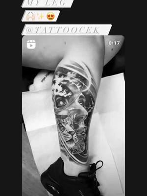 A post by @leahhhhaha on TikTok caption: Leg sleeve progress unreal this is my leg ✨🦒#tattootiktok #tattoo #legsleeve #legsleevetattoo #blackandgrey #fyp #fypシ #giraffe #tattooedgirl #realisimtattoo #cheetah #ladyfacetattoo 