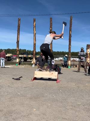 A post by @abbystevens325 on TikTok caption: Underhand Chop from fryeburg fair 🌲🪓😁 #woodsmensfielddays #fryeburgfair #timbersports #lumberjill 