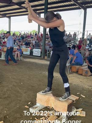 A post by @abbystevens325 on TikTok caption: Looking back at old videos of my wood chopping. I’ve come a long way and I’m excited for the season next year 🌲🪓😁 #stihltimbersports #woodchopping #lumberjill #timbersports 