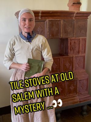 A post by @oldsaleminc on TikTok caption: Tile stoves in the historic town of Salem with a mystery…👀 #tilestove #stove #tile #pottery #history #livinghistory #oldsalem #museumtok #potteryglaze #mystery #unsolved #LearnOnTikTok #museum #edutok #18thcentury #oldbuilding #fyp #coolstuff #clay #northcarolina #tiles #potterytok 