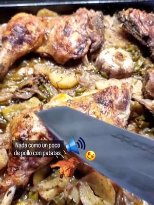 A post by @cocinandoconfernando on TikTok caption: Limpiamos y hacemos unas incisiones por la parte interior hasta llegar al hueso, aderezamos y metemos en una bandeja al horno con la piel hacia abajo 180°c 20min.Preparamos las patatas en rodajas los pimientos igual y el ajo entero con la cabeza cortada. Salpimentamos y metemos en la bandejas con los muslos.Recolocandolos con la piel ahora hacia arriba. Añadimos vino, aceite y agua y salpimentamos.Horneamos de nuevo por 180°c 40m #polloalhorno #cocinandoconfernando  #2022tiktok