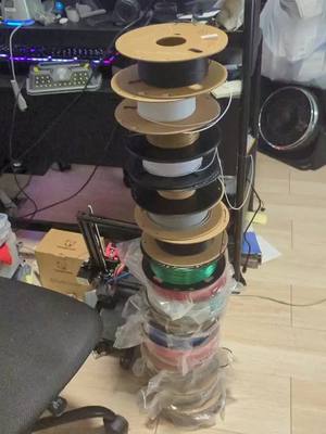 A post by @tinkerscaravan on TikTok caption: just a look at my filament pile... we'll, PLA at least 😂. what do u want to see 3d printed? #3dprinting #3dprinters #3dprints 