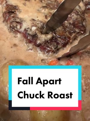 A post by @jen428777 on TikTok caption: Fall apart beef chuck roast: Ingredients: 1 Chuck roast, 1 packet Lipton onion soup mix, 3 cups beef broth, 1 family size can cream of mushroom soup Bake covered at 300 for 4 hours add veggies and bake at 350 another 1 to 2 hours. You can also do this in a crockpot. #chuckroastbeef #chuckroast 