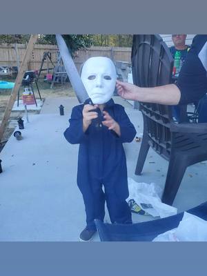 A post by @thomas_thecowboy1985 on TikTok caption: My 3 and half year old son is Michael Myers for Halloween 😱 #MichaelMyers #fyp 