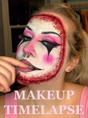 A post by @ebond2338 on TikTok caption: Here’s a lil time lapse of my clown makeup, I didn’t get the whole process but I honestly thought I was going to give up on this look but I trusted the process and I really like how it turned out - also love watching it turn from day to night #makeup #makeuptimelapse #halloweenmakeup #clownmakeup