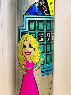 A post by @lovelala73 on TikTok caption: @taylorelainecox #lovelala73 #fyp #art #live #bursttumbler #crystalac #eliteglitter #glitter #wheeloffortune #oldschool #vannawhite #patsajak #spinthewheel