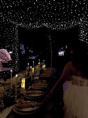 A post by @charlene_sutton on TikTok caption: Replying to @aliciamariephoto POV: Your engagement party dinner is under the stars ✨   Dress: For Love & Lemons Light Canopy/Twinkle Light Tent: DIY by me Dinner Table Setup: Amazon  #lightcanopy #engagementparty #weddinglights #wedding #twinklelights #twinklelighttent #dinnerparty #forloveandlemons 