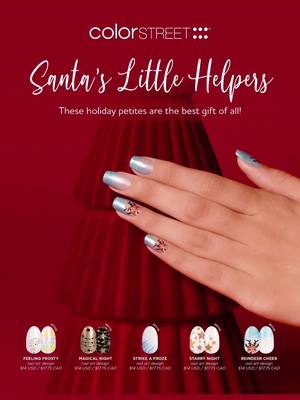 A post by @nurse_jill on TikTok caption: Santa's Little Helpers PETITE Holiday Collection Mark your calendars: tomorrow, December 1 at 10:30 AM CT, we're releasing a limited-edition line of holiday-ready petite shades! Those with small hands can get a big dose of holiday magic with Santa's Little Helpers, a collection of five nail looks sized perfectly for smaller nails. Meet the limited-edition petite designs created to keep you decking the halls:  🌟 Magical Night, a glittery black and gold design of stringed stars 🧊 Strike a Froze, a shimmery silver and blue frost-inspired look 💫 Starry Night, a sparkling design of stars in gold, copper, and silver ⛄️ Feeling Frosty, a shimmery pastel design featuring smiling snowmen 🦌 Reindeer Cheer, a snowy reindeer nail look. Which one is your favorite? #colorstreet 