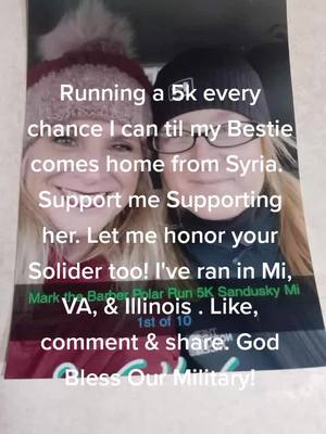 A post by @sweetestsmileinmi on TikTok caption: I support our Military.  Running 5k's til she comes home. She got me running 1/2022. Before... I wouldn't run from a bear! LOL. Let me honor your soldiers too.Leave a name and I'll dedicate a race to them.#military #Army #nationalguard #marines #airforce #navy #michiganders #fearless #usa #run #singleover50 