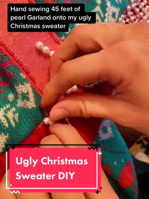 A post by @liz.the.season on TikTok caption: Is it really the holiday season without ugly Christmas sweaters? #HolidayOREOke #christmas #uglysweaters #uglychristmasweaters #pearls #handsewing #sewing #diyproject #crafty 