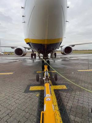 A post by @ts4v on TikTok caption: Pushing back the Bucharest this morning onto taxiway Juliet 🫡✈️ #london #stansted #ryanair #737 #pushback #45R #boeing #winter #ramplife #fyp #2022