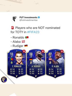 A post by @fut.investments on TikTok caption: ❌ No Ronaldo, Alaba and Rudiger in the toty nominations😅 deserved or not👇 #fyp #fifa #fifa23 