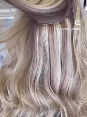 A post by @hairextensionsby_jeno on TikTok caption: For a seamless way to add volume to this clients hair we added 16” hand tied hair extensions…#hairextensionsby_jenoakley  #transition  #seamlessblend #haiirgoals #hairextensions #longhair #blonde #colormelt #colormeriche #handtiedextensions #instagramreels #GlowUp #tiktokhair #hairtransformation #styletips #QuakerPregrain 