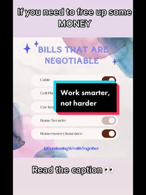 A post by @dominatingwealthtogether on TikTok caption: ✨ If money is TIGHT, you need to take the time to negotiate your expenses. Let’s keep more money in our pockets!  ✨I cannot stress this enough, negotiate those bills. It doesn’t matter if you’re in a contract or if you initially joined on a sale price. There is always a better rate available, and if you ask for it, you will get it!!  ✨Companies do not want to see you leave and go to a competitor, they will ALWAYS work with you.  ✨If you don’t hear what you want from billing, request to speak with someone in the RETENTION department.  ✨ I always negotiate all of my bills for better rates. You will be surprised how much money you can save.  . . . . . . . . #negotiatingskills #negotiate #savemoney #earnednotgiven #earnedincometaxcredit #incomestreams #incometax #incometips #personalfinance #financialliteracy #financialliteracycoach #wealthcoaching 