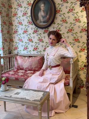 A post by @virtuouscourtesan on TikTok caption: An Edwardian afternoon in paris.  Dress made by me.   Hair by @justaddwigs.  Interior. @hotelcarondebeaumarchais.  #fup #edwardian #historicdress #memade #sew #sewing #vintage #paris #edwardian #antiquefashion 