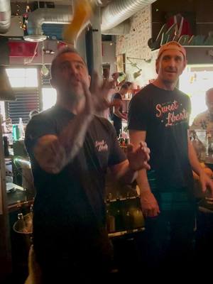 A post by @christian_delpech on TikTok caption: Raw footage having some fun before the shift! #bartending #cool #fun #bartender #stile #style #entertainment #flair #barman #skills #work 