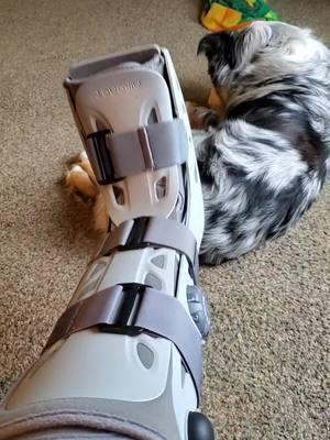 A post by @fragileaginglesbian on TikTok caption: #brokenfoot #dancersfracture #aircast #evenup #prowedge #notpaidendorsement #foryoupage #foryou #fyp