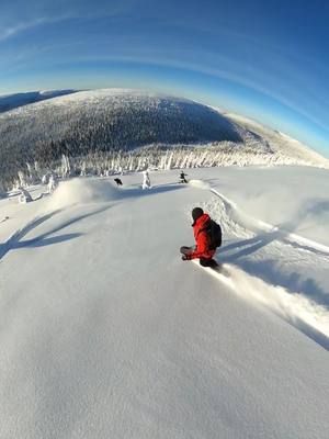 A post by @80sdisneyprince on TikTok caption: Beautiful day and the best snow in 5 years. Do you prefer snowboarding alone or with friends? #splitboarding #sweden #pow #gopromax #gopro #revolutionrace #winter #snow 