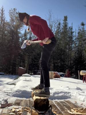 A post by @abbystevens325 on TikTok caption: Chopping in the snow 🪓🪵 . . . . #stihltimbersports #lumberjack #greatmainelumberjackshow #maine 