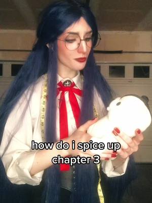 A post by @1800nasty on TikTok caption: i hate v3 i hate v3 i hate v3 (lying) #danganronpa #danganronpav3 #drv3 #tsumugishirogane #tsumugishiroganecosplay #danganronpacosplay #monokuma 