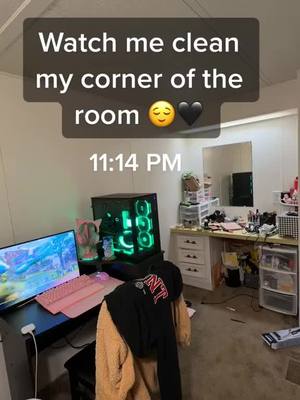 A post by @satansucksmyass on TikTok caption: Time lapse of me cleaning around my desk and vanity area of the room. Took me about 35 minutes to do #timelapsecleaning #cleaningmotivation #cleanvanity #cleanvanityspace #alttiktok