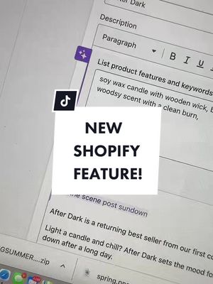 A post by @madeforyou.studios on TikTok caption: @shopify you really popped off with this feature omg!! Its giving chatgpt but better 🔥 #smallbusinesshacks #shopifytips #womanownedbusiness #candletok 