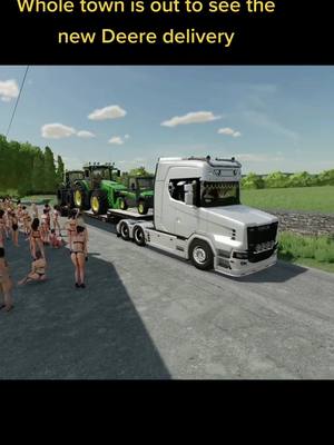 A post by @bigjeff6920 on TikTok caption: New John Deere getting delivered, few folk came out to see 😀 #johndeere #farmingsimulator #fs22 #farming #farmsim22 