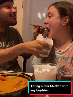 A post by @punjaban_gori on TikTok caption: Eating butter chicken with my boyfriend 🤗 #punjabitiktok #butterchicken #indianfood #punjabi #punjab #india #garlicnaan #samosa #couple 