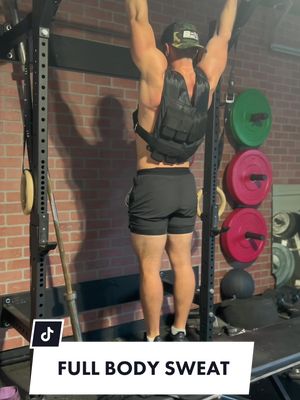 A post by @cjcartwrightfit on TikTok caption: Save this full body workout ✅⬇️ 5 Rounds - 40lb Weight Vest 20 Lunges each leg 20 Squats 10 pullups  30 pushups (10 closegrip - neautral grip and wide grip) #FitTok #workout #crossfit 