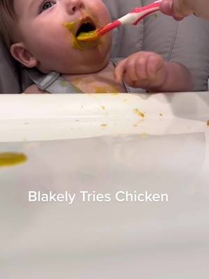 A post by @thetwinvestors on TikTok caption: Blakely tries chicken fkr the first time 🐓 #momlife #comedy #newmom #6monthsold #baby #blw #purees 