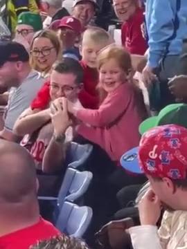 A post by @gifs_baseball on TikTok caption: Kid steals the Luis Arraez cycle home run ball from a fan and throws it back.  "I’m the guy who had the ball, I didn’t know them. The girl just came up to me and grabbed it from my hands ... Couldn’t fight a little girl."  (via r/baseball from the guy who it was stolen from) #MLB #baseball #marlins #phillies