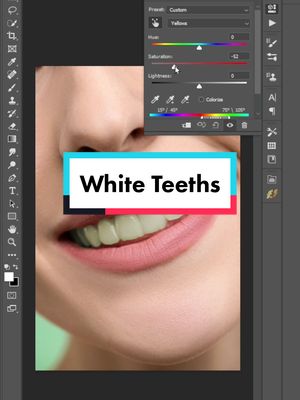 A post by @snapshortsps on TikTok caption: Say goodbye to yellow teeth with this amazing Photoshop trick! #TeethWhitening #PhotoshopTips #smilemakeover