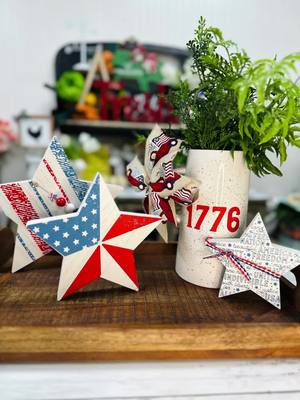 A post by @refreshrestyle on TikTok caption: Who loves decorating with Red,white and blue?? Me for sure! #refreshrestyle #diyproject #diyhomedecor #patrioticdecor #stencils 