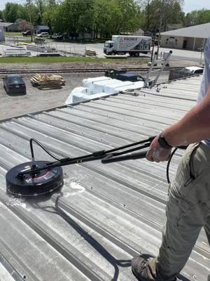 A post by @larry_the_roofer on TikTok caption: First step of another metal restoration being done. This surface cleaner is a game changer! #roofing #commercial #roofingindustry #coatings #roofcoatings #entrepreneur 