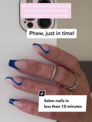 A post by @shopvibenails on TikTok caption: Get the look of salon acrylic nails in less than 10 minutes! Non-bendy, non-transparent, & can last up to 2 weeks. All our kits include glue & sticky tabs for quick & easy application💅 Have you tried our 𝑫𝒓𝒆𝒂𝒎 𝑪𝒉𝒂𝒔𝒆𝒓 nail kit yet? These blue swirl are gonna be 🔥🔥🔥 for summer! #instantnails #pressonnailstutorial  