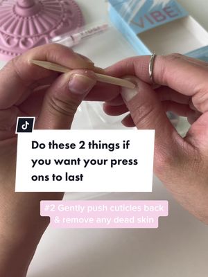 A post by @shopvibenails on TikTok caption: Don’t skip these steps if you want your press ons to last up to 2 weeks!💅💅💅 #pressonnails 