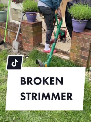 A post by @jessica_grizzle on TikTok caption: BROKEN STRIMMER. I was excited yo get to work, but iur strimmer gave up the ghost 💀 #gardenwithme #grizzlegarden #gardeningfail 