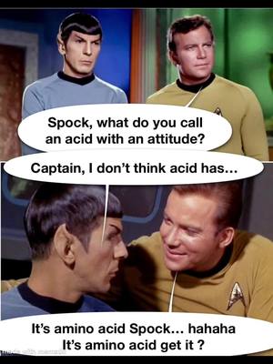 A post by @startrekcomedy1701 on TikTok caption: Happy Friday, Eve everyone #Summer #acid #aminoacids #thursday #friend #friday #kirk #spock🖖 #spock #foryoupage #fyp #thirsty #enterprise #pun 