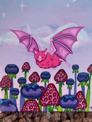 A post by @perrywinkleartco on TikTok caption: ‘Fruit Flight’ ✨  🍓🦇🫐 The Batty song from Fern Gully has taken over my brain 😂 fun fact: I still remember every word lmao  This bat started out as a digital sticker design that I have yet to finish, but I had so much fun turning it into a painting! I’m also very proud of my first strawberries here 🥺🍓 11”x14” acrylic paint on stretched canvas Can be ad0pted for one hundred buckaroonies (f r e e   US 🛳️📦) #art #artist #artistsoftiktok #artistoftiktok #acrylic #acrylicpainting #paint #painting #painter #fruit #bat #fruitbat #batpainting #batart #pink #purple #clouds #cloudart #sky #skyart #skypainting #cloudpainting #moon #moonandstars #moonpainting #fruitpainting 