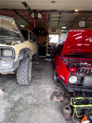 A post by @yyc4wheelers on TikTok caption: When he kicks your Jeep out to have his Projects side by side… I mean… I get it lol 🤤😍❤️ . . #jeep #mk2 #xj6 #xj #reels #reelsinstagram #instagram #project #projectcar #jeeplove #garage #builtnotbought #vw #gti #weekend #weekendvibes #couplesgoals #tiktok 